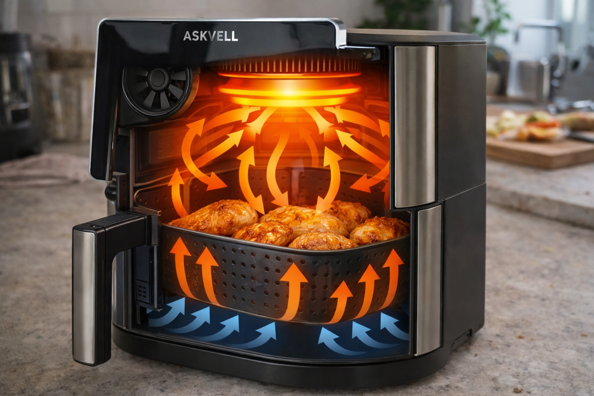 Аэрогриль принцип работы схема — циркуляция горячего воздуха внутри прибора, вентилятор и нагревательный элемент