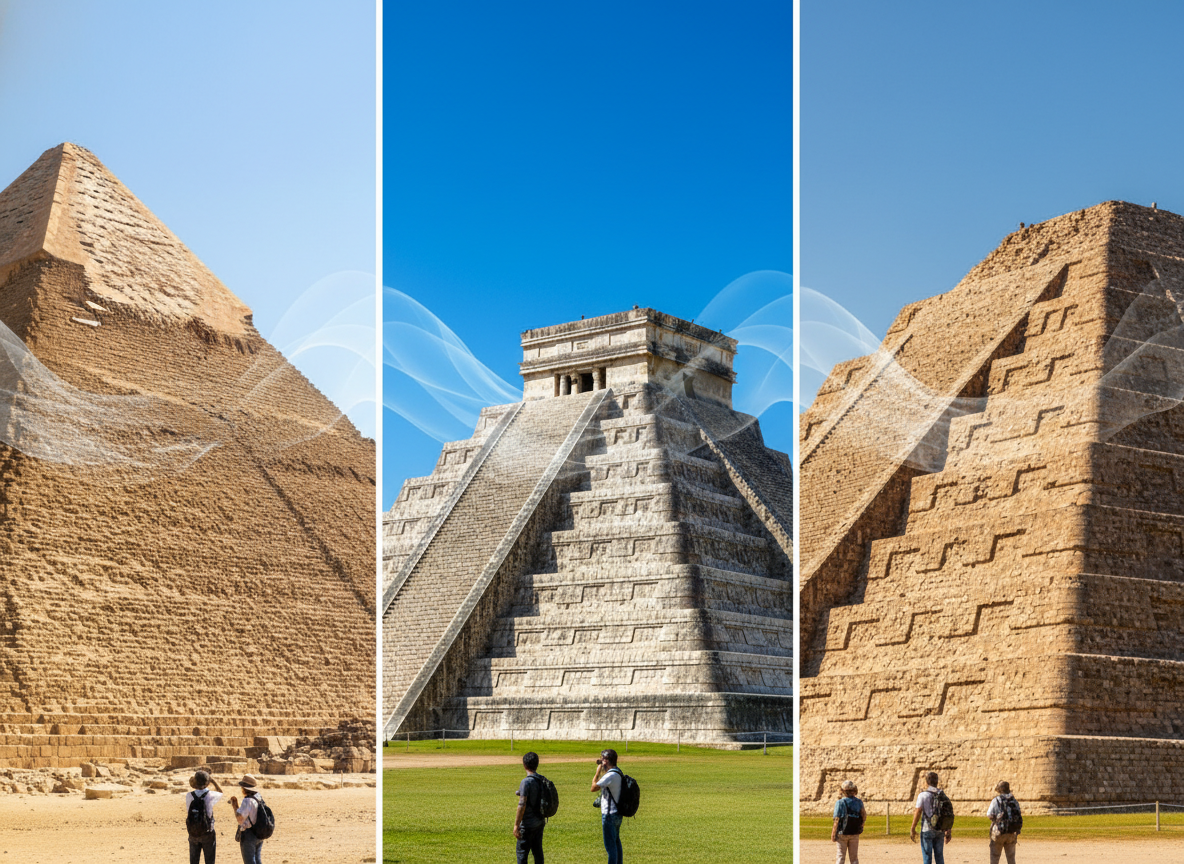 Египет, Мексика, Ирак — три пирамиды, три континента, три культуры, которые никогда не встречались. Но форма одна. Потому что закон физики един для всех: пирамида — самая устойчивая конструкция для больших масс камня. Древние инженеры это знали. И мы знаем. 🏛️🗿