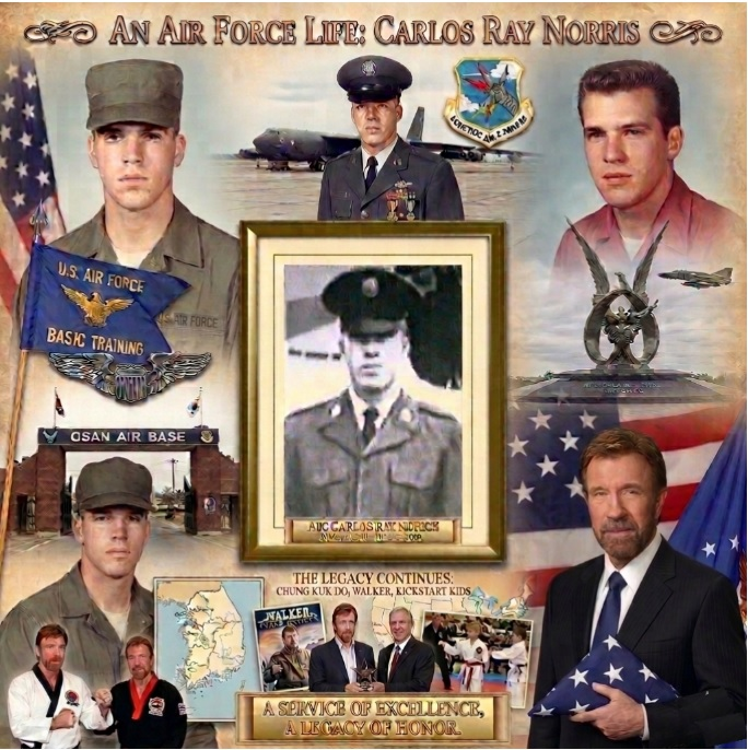 Вот такой коллаж военных и не только военных фотографий Чака Норриса посвящен на ресурсе CONNECTICUT VETERANS BULLETIN его памяти.