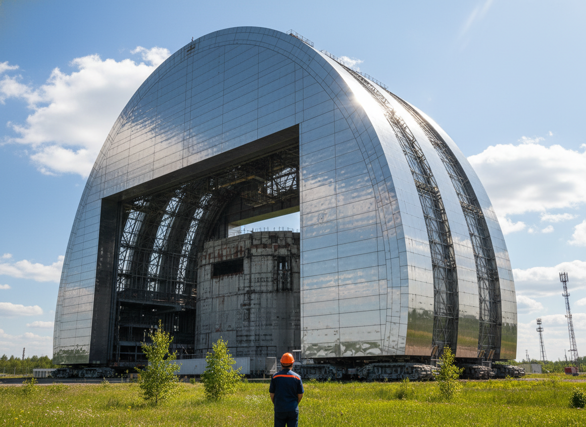 Внутри этой стальной арки спрятан старый бетонный саркофаг, который строили 206 дней. А рядом — свежая трава, голубое небо и люди в касках. 36 тысяч тонн стали, 100 лет защиты, миллиарды евро и одна цель: закрыть трагедию навсегда. Сделали.
