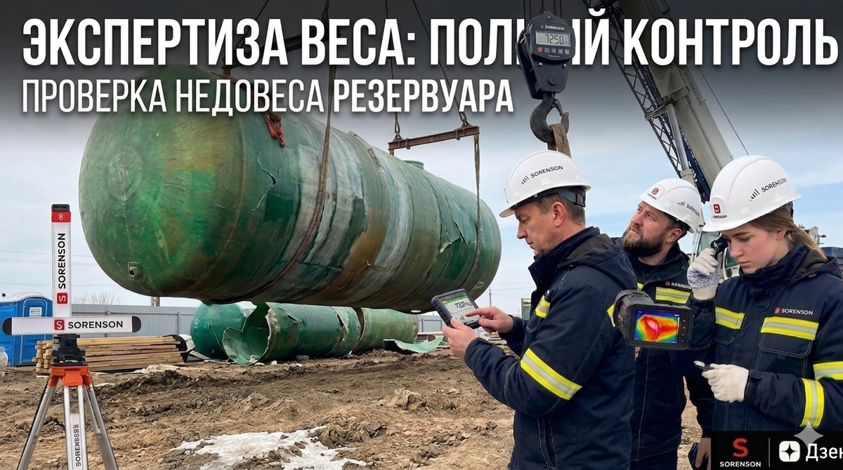 Контрольное взвешивание емкости 100 м³ с помощью сертифицированного кранового тензодатчика. Единственный объективный метод выявления недовеса и нарушения технологии формования стеклопластика, который признается в суде