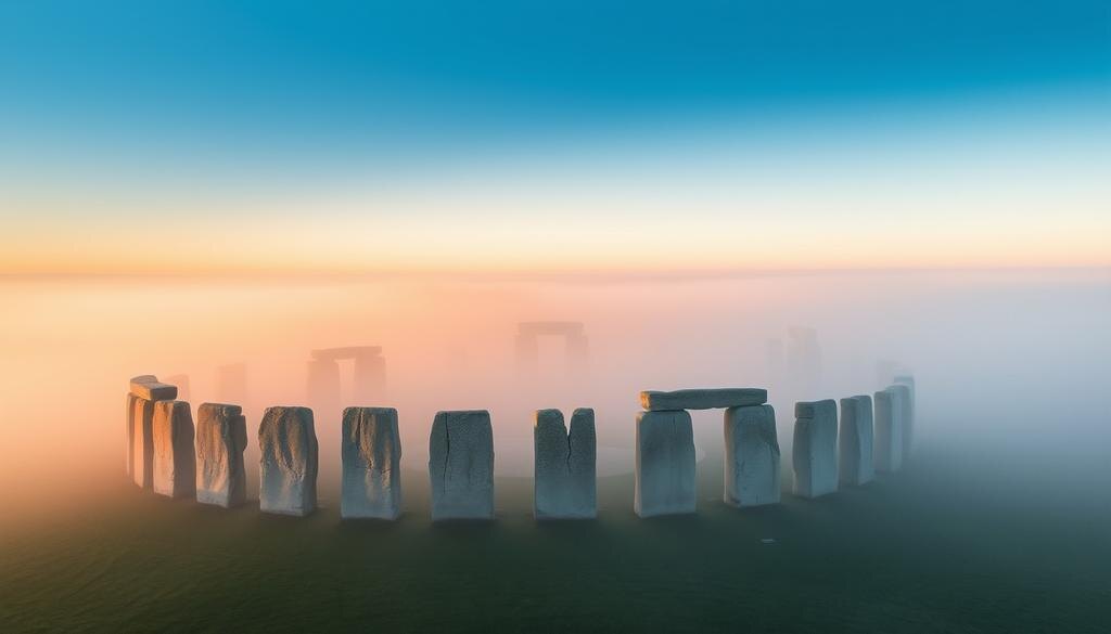    Вид Стоунхенджа на рассвете с облаками, создающими загадочную атмосферу.