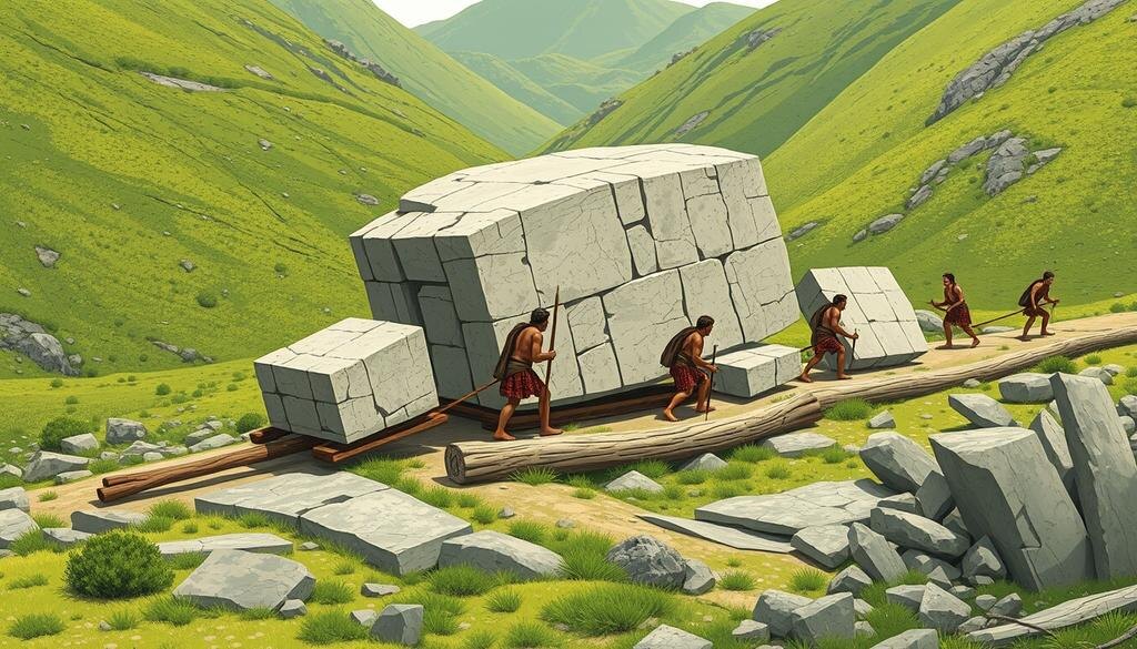    Древние строители переносят массивные камни, использующие примитивные инструменты для транспортировки.