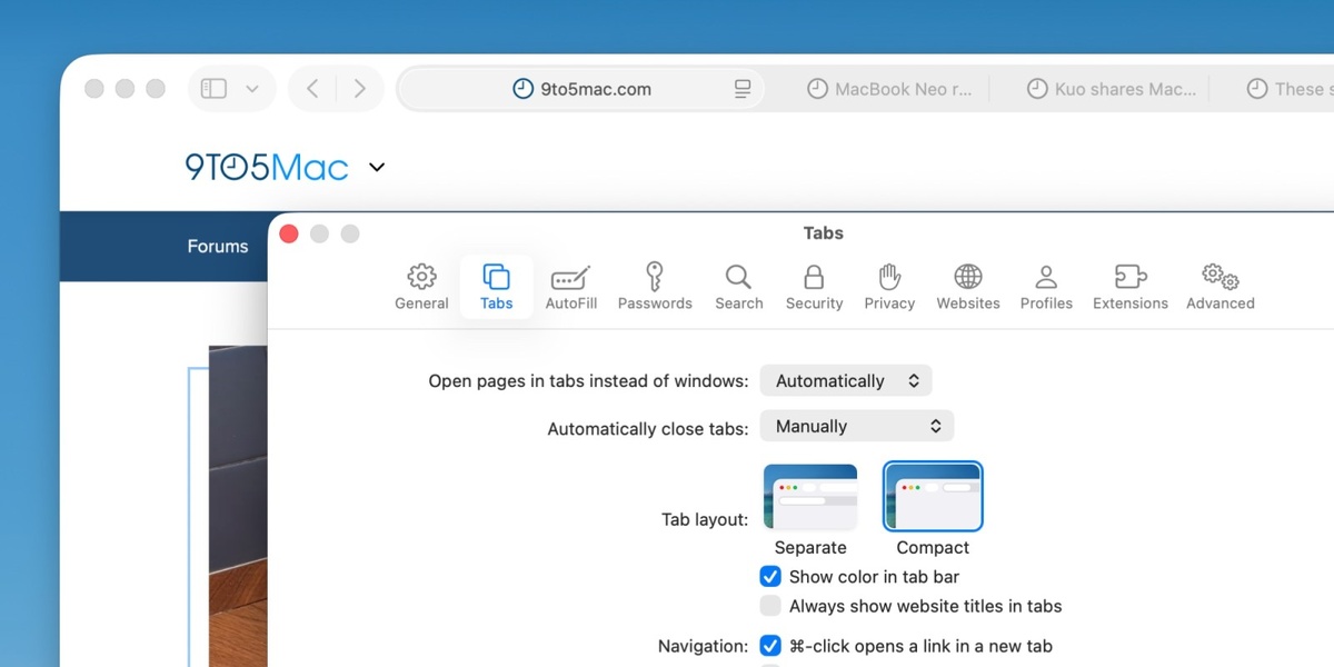   Компактные вкладки вновь появились в Safari. Изображение: 9to5mac.com