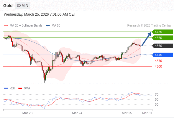 Золото в течение дня: Внутридневная линия поддержки на уровне 4445.  Наша точка разворота находится на уровне 4445. Наше предпочтение:Покупать выше 4445 с целевыми точками 4660 и 4735. Альтернативный сценарий:Прорыв вниз уровня 4445 откроет путь к 4370 и 4300. Анализ:RSI смешанный, скорее бычий. 
