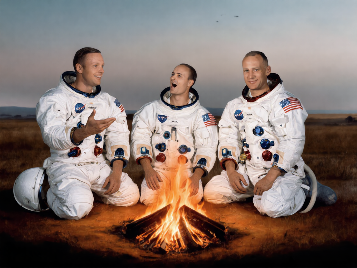 Художник Вернер фон Браун. Картина "Экипаж Аполлона-11 вспоминает забавные киноляпы в фильме о своём лунном приключении". Холст, кисть, реголит. 1969 год. Из коллекции Хьюстонской картинной галереи имени Стэнли Кубрика.