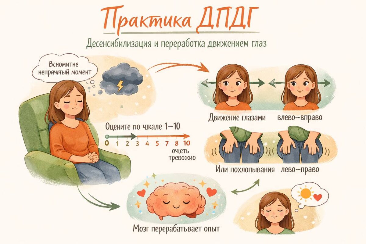 Десенсибилизация и переработка движением глаз делается на сильное эмоциональное потрясение.

Глаза – видимая часть мозга, у нас есть зоны, которые ответственны за разное восприятие: визуальное, аудиальное и кинестетическое. 

Через ДПДГ вычищаются эти ощущения – стираются аудио, видео и кинестетические файлы того события, которое прорабатывается. Это событие останется в памяти, но эмоциональное переживание уйдёт.


ПРАКТИКА ДПДГ

1. Вспоминаешь и погружаешься в ситуацию (сильное эмоциональное потрясение). Закрываешь глаза. Глубокое спокойное дыхание.
 
2. Чувствуешь отклик – ощущение в теле, определяешь его форму, цвет, консистенцию, вес. Говоришь этому образу: «Я вижу тебя. Я признаю тебя. Я принимаю тебя. Я больше не боюсь тебя. Выходи из меня». Вытаскиваешь из себя мысленными руками и помещаешь образ перед тобой на уровне глаз. 
 
3. Открываешь глаза и через этот образ смотришь на две точки, расположенные на одной линии на уровне глаз, например, на стене. Расстояние между точками 2-2,5 м. Желательно, чтобы на стене не было картин. 
 
Начинаешь двигать глазами от одной точки к другой до другого, не двигая головой. Важно делать полные двусторонние движения глаз. Двигаешь до появления реакции в теле: может произойти глубокий вдох-выдох, появится ощущение лёгкости или образ начнёт рассеиваться. Это освобождение первого уровня. Если не почувствовала никакого сигнала, 1-1,5 минуты достаточно, чтобы перейти к следующему этапу.
 
4. Переходишь на движения глаз в виде восьмёрки. Здесь также важно делать полные движения глаз по кругу: как по вертикали, так и по горизонтали. Чувствуешь своё тело, когда ощущения изменятся, переходишь к восстановительному этапу.
 
5. Восстановительный этап: делаешь движения глаз по часовой стрелке по кругу диаметром 2-2,5 метра.
На каждый этап обычно идёт от 30-60 секунд до 5 минут, если потребуется, то больше.