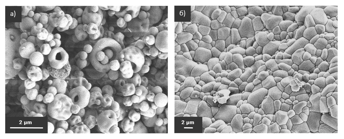 Микрофотографии порошкового прекурсора (а) и полученной из него керамики на основе фосфатов магния (б). Источник: МГУ имени М.В. Ломоносова
