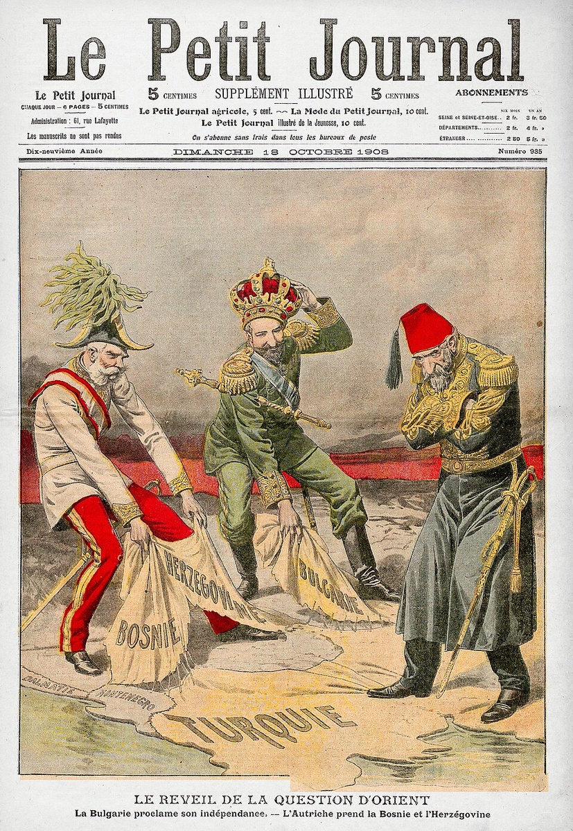 Франц Иосиф и Фердинанд отбирают турецкие земли у беспомощного султана, обложка Le Petit Journal 18 октября 1908.