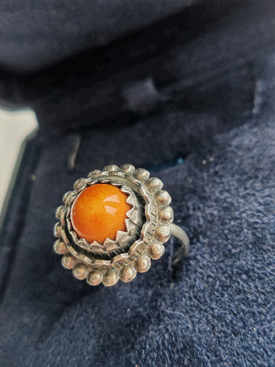 Кольцо серебро 875 пробы, янтарь, 1953 год, ювелирная фабрика город Рига 