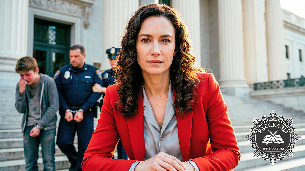 Женщина с карими глазами и темно-русыми волосами, одетая в ярко-красный деловой жакет, стоит на ступенях здания суда. На её лице холодное торжество и спокойствие. На заднем плане, в расфокусе, полиция уводит мужчину в наручниках и плачущего подростка в тусклой одежде.