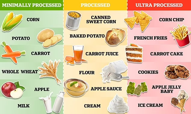 Три группы продуктов питания с учетом их обработки: минимальная, средняя и ультра-обработанная.