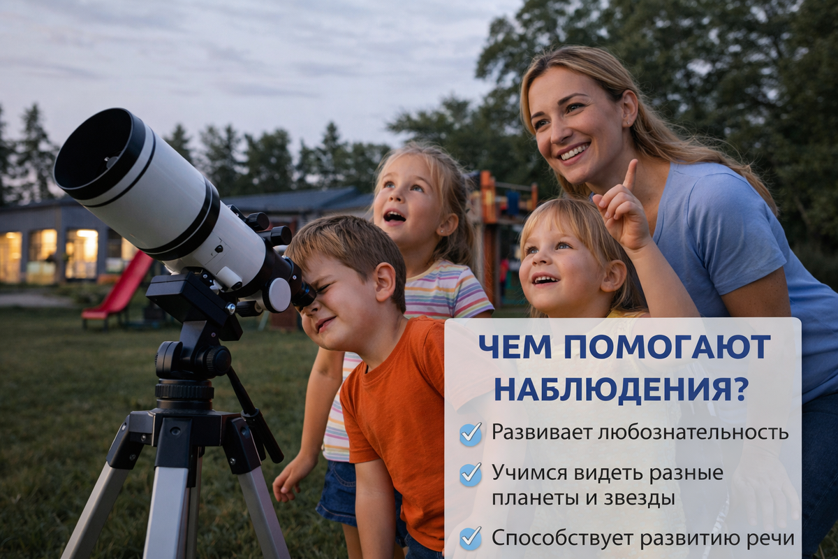 Дети смотрят в телескоп на улице