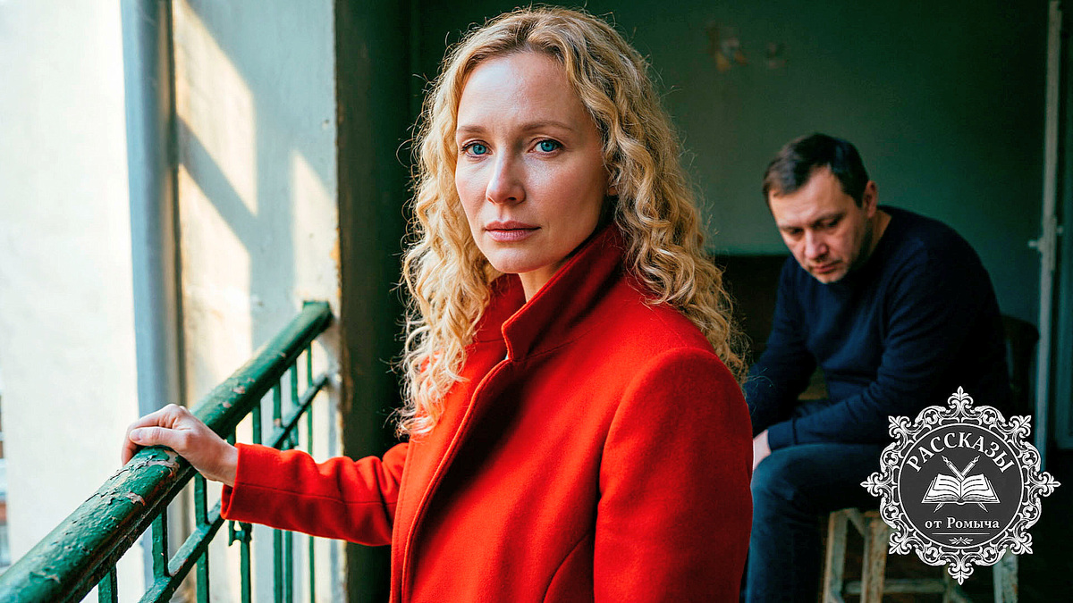 Женщина, светлый блонд, голубые глаза, в ярко-красном пальто, стоит на балконе старой квартиры. На заднем плане в тени комнаты виден подавленный мужчина, сидящий на табурете. Фокус на лице женщины, выражающем холодное торжество и светлую грусть.