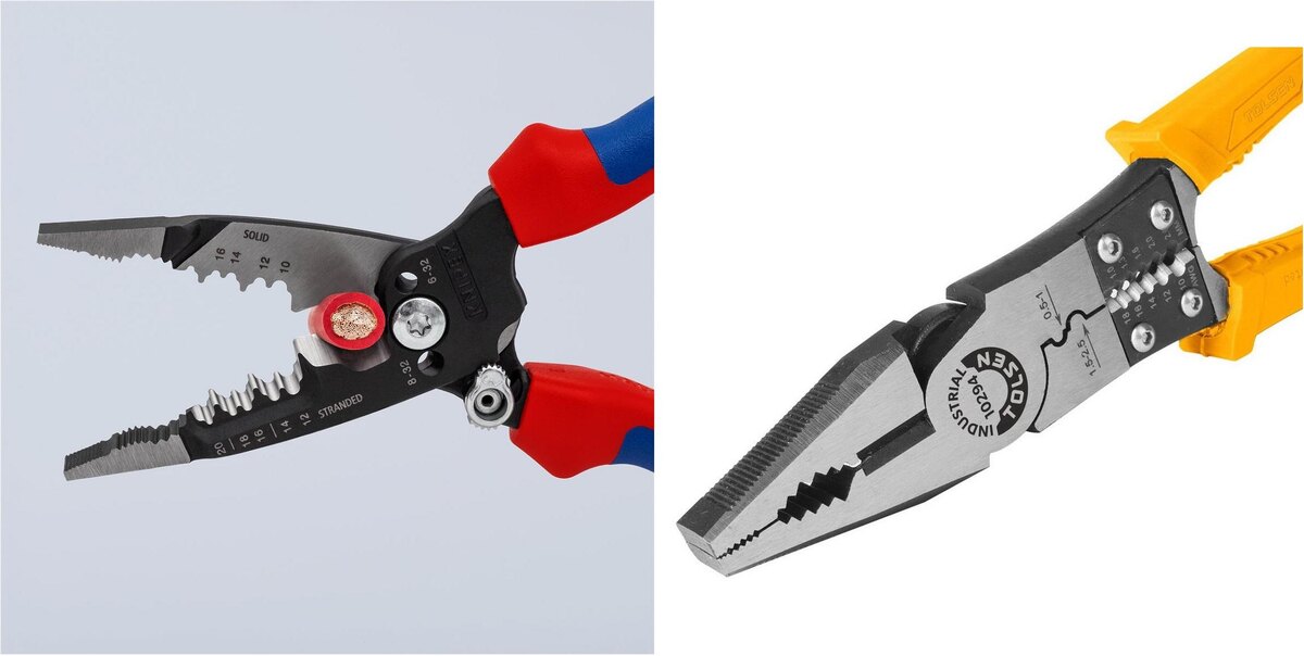 Слева представленны плоскогубцы с узкими губками, cправа с губками стандартных размеров.