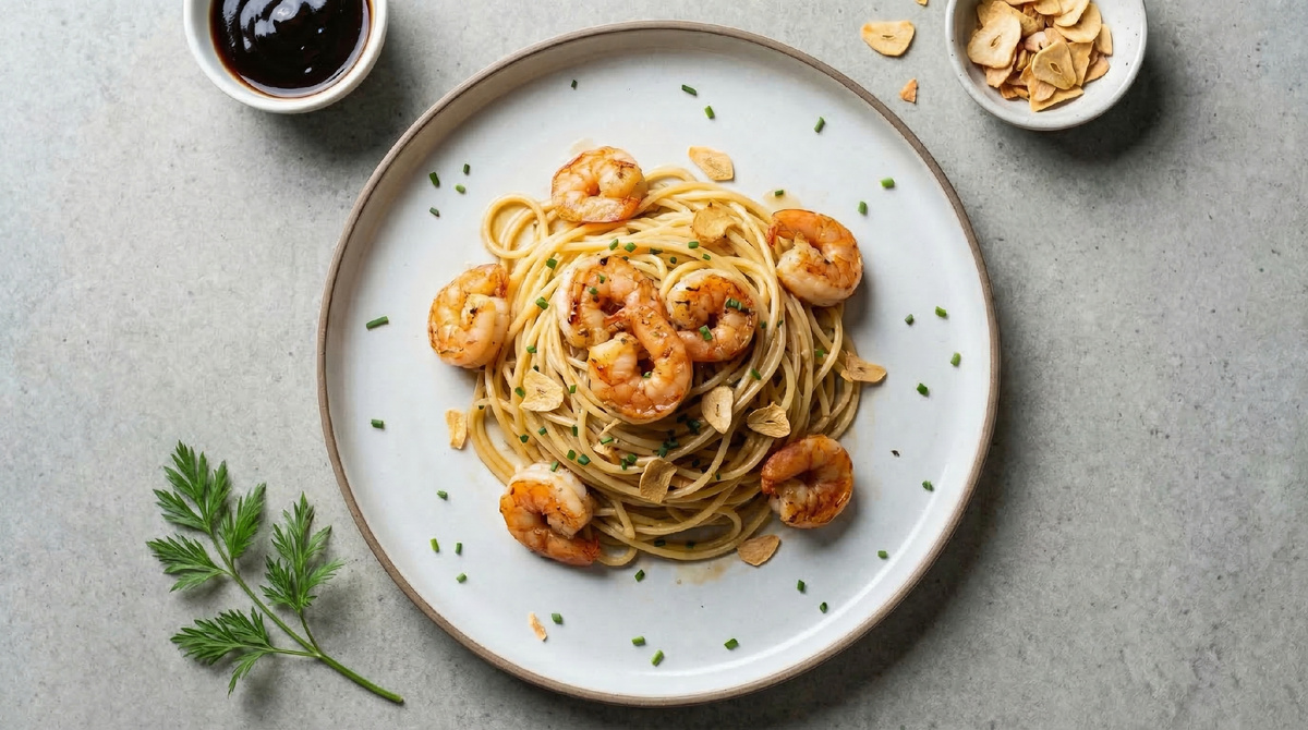 Спагетти с креветками в устричном соусе с чесноком и сливочным маслом, простой рецепт на ужин.