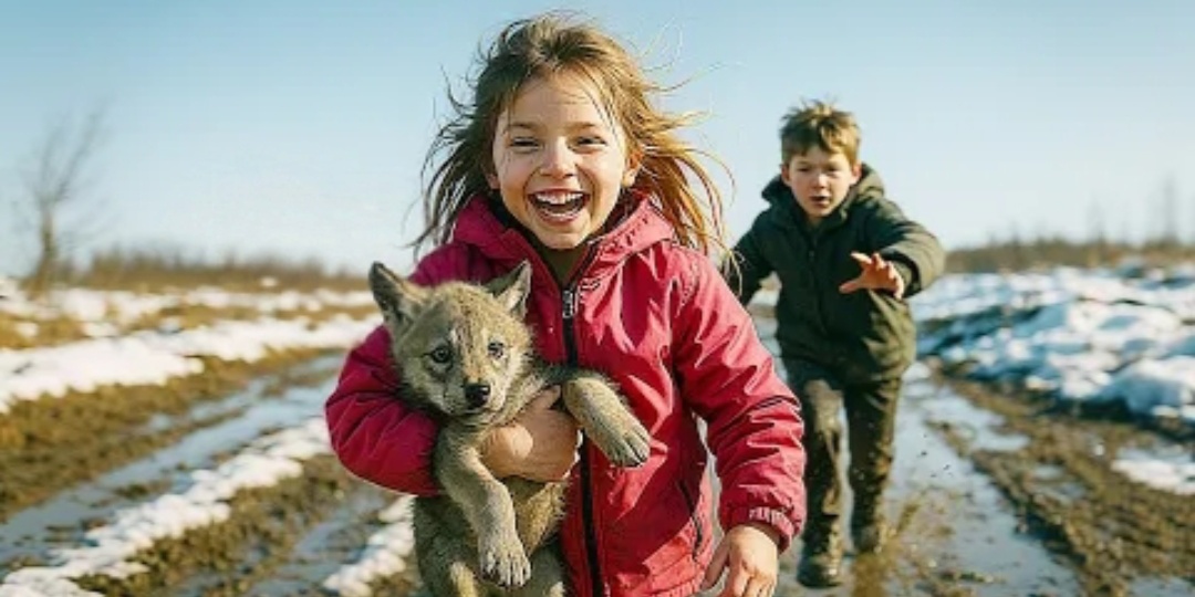 Девочка Настя держала щенка и весело бежала, а за ней бежал брат и говорил. Брось его это - волчонок. А она не послушала его