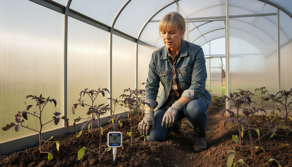 Поликарбонатная теплица в апреле: воздух уже тёплый, а рассада томатов страдает от холода. Обратите внимание на фиолетовый оттенок листьев — верный признак того, что корням холодно

