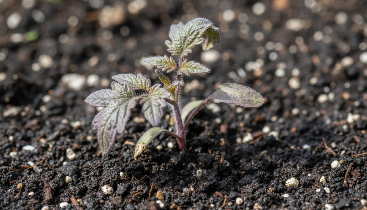 Фиолетовые листья томата — это не болезнь! Так выглядит рассада, когда корни находятся в холодной почве и не могут усваивать фосфор

