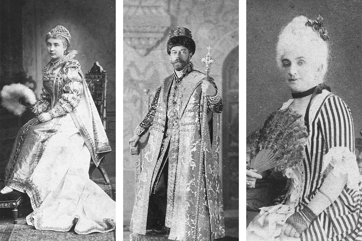    Слева направо: Дама в маскарадном костюме в стиле Марии Медичи, Санкт-Петербург, 1890-е годы / Лев Левицкий, Николай II в костюме царя Алексея Михайловича, 11-13 февраля 1903 года / Мариан Конарский, модница в маскарадном костюме в стиле Марии-Антуанетты, Москва, 1880-е годы