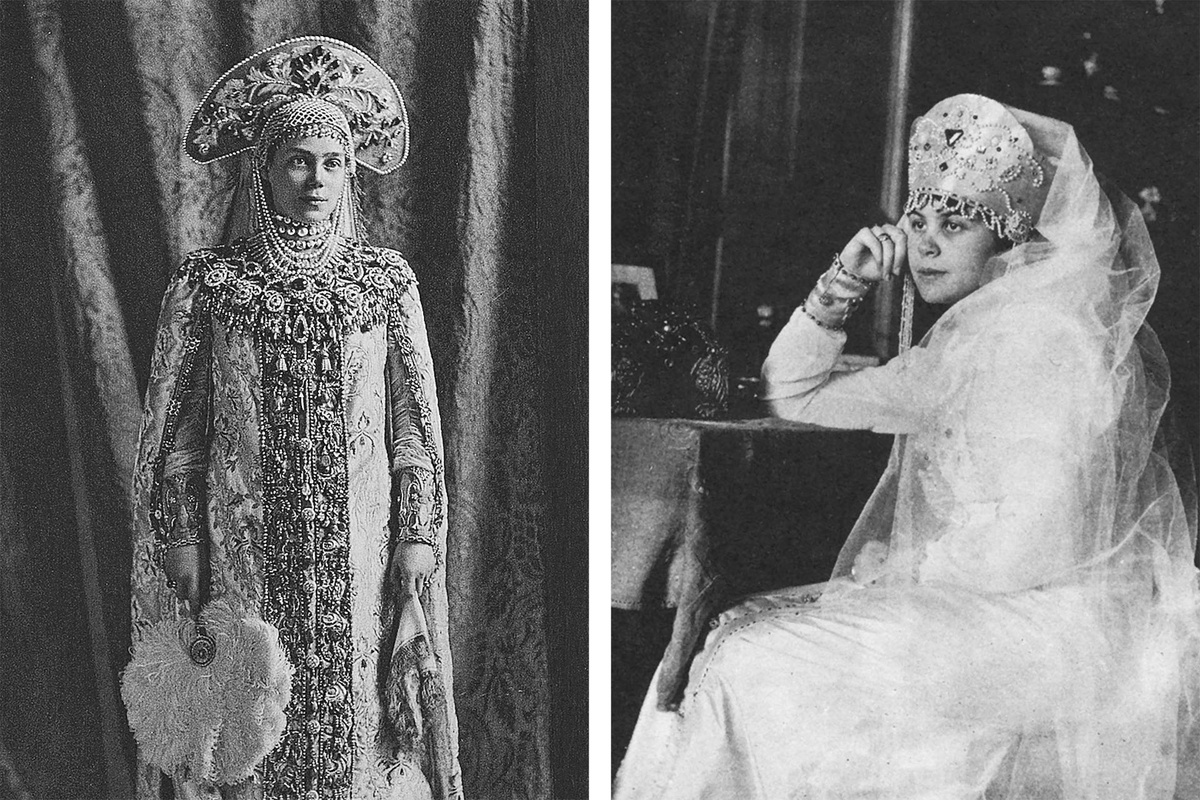    Слева направо: фото Боассона и Эгглер, Великая княгиня Ксения Александровна в костюме боярыни, лист ХVII из «Альбома костюмированного бала в Зимнем дворце в феврале 1903 года» / Ольга Пунина (бабушка автора статьи) в маскарадном русском костюме, Санкт-Петербург, 1910-е годы