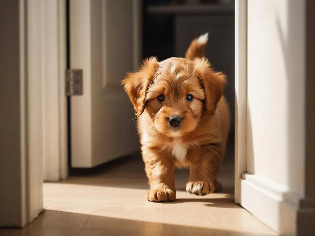 Щенок заходит в дом впервые