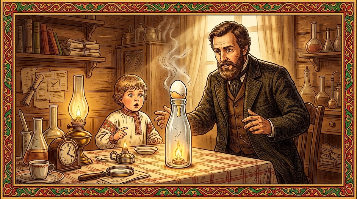 Яйцо шире горлышка - но огонь внутри создаёт разницу давлений, и атмосфера впихивает его в бутылку