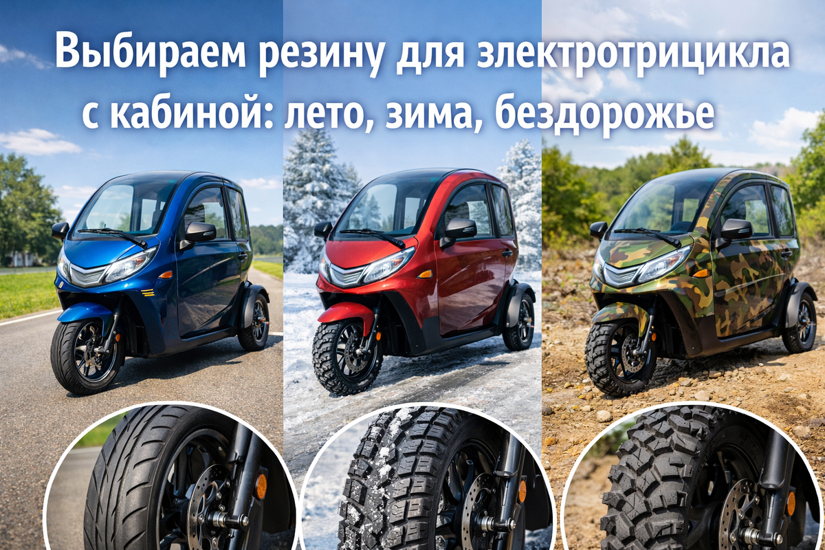 Летом – не перегреться, зимой – не заскользить, на грунтовке – не застрять. Разбираемся, какая резина нужна трициклу с кабиной в разных условиях.