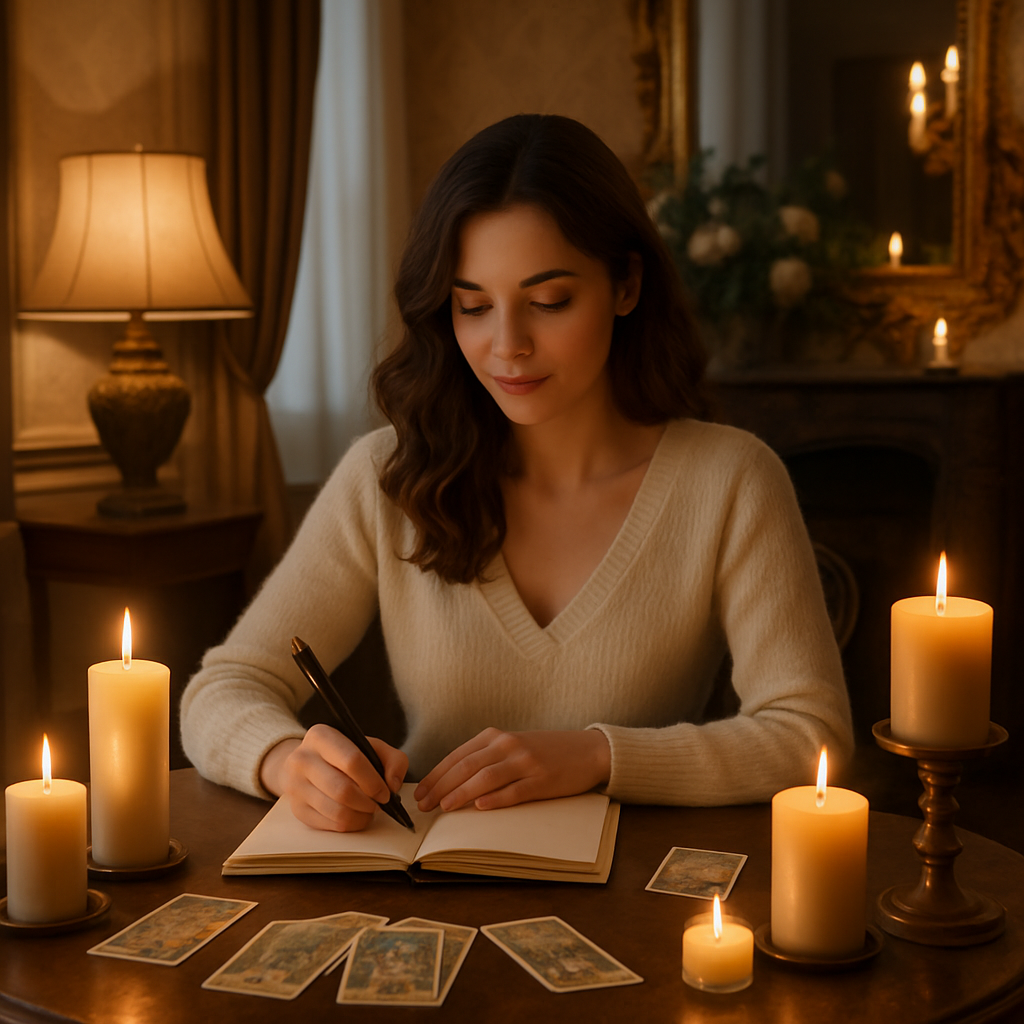 Женщина сидит за красивым столом, пишет в блокнот, вокруг свечи и карты. Эстетика, уют, вдохновение