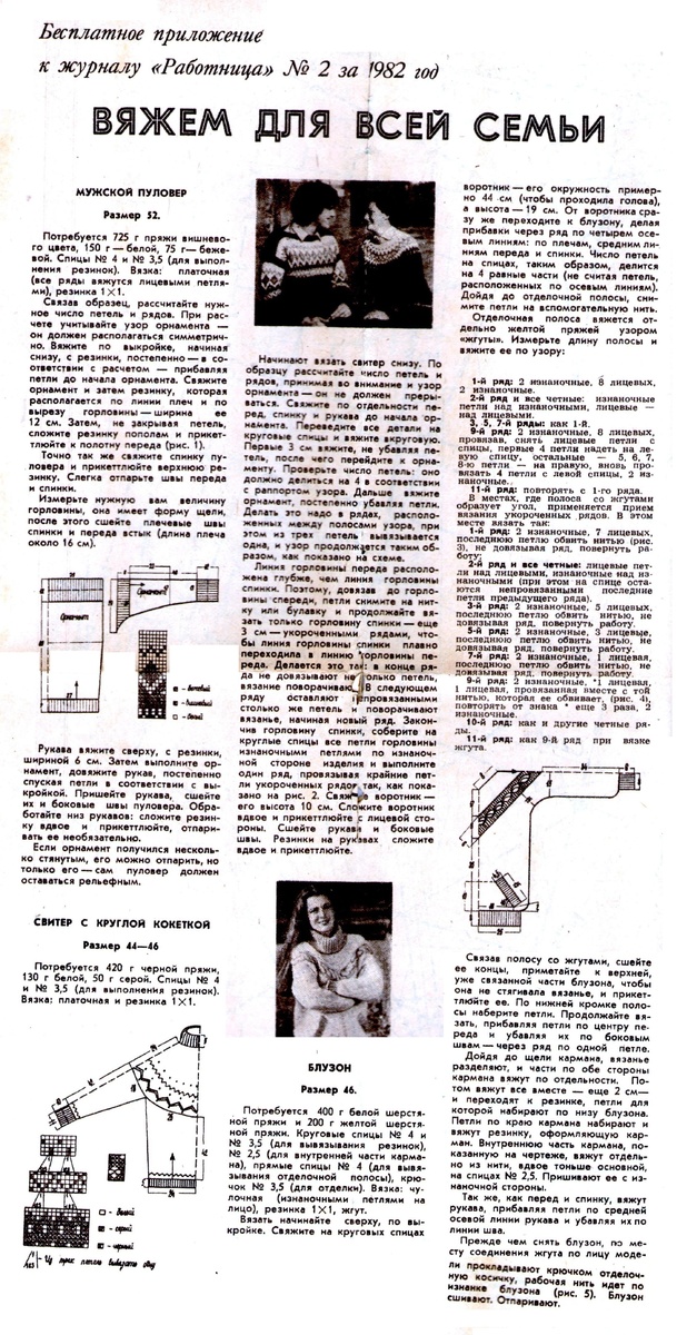 Бесплатное приложение к журналу "Работница", 1982 г. № 2 (вязаные свитера и блузон)