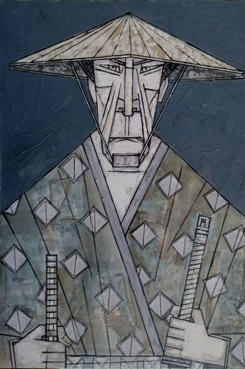 Д. Трубин. Самурай двух мечей. 2025. Картон, акрил, песок. 100х70 Сourtesy of EMWG ©Дмитрий Трубин