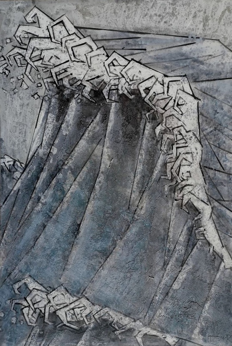 Д. Трубин. Большая волна. 2. 2025. Картон, акрил, песок. 100х70 Сourtesy of EMWG ©Дмитрий Трубин