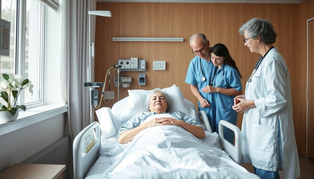    Спокойная и комфортная палата в больнице с пациентом, который получает паллиативную помощь, и внимательными медицинскими работниками.