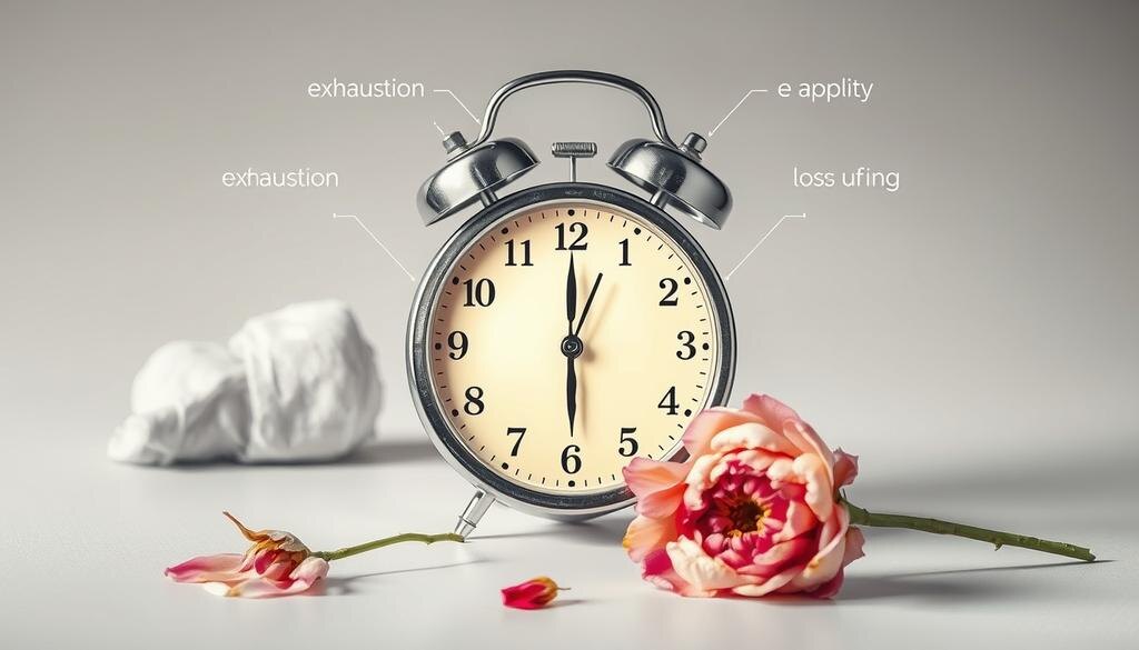    Иллюстрация различных симптомов, связанных с конечными стадиями жизни, которые изображены через метафорические элементы, такие как увядающие цветы и таящийся часы.