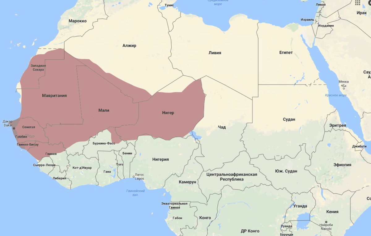 Это границы империи Мали на современной карте Африки.