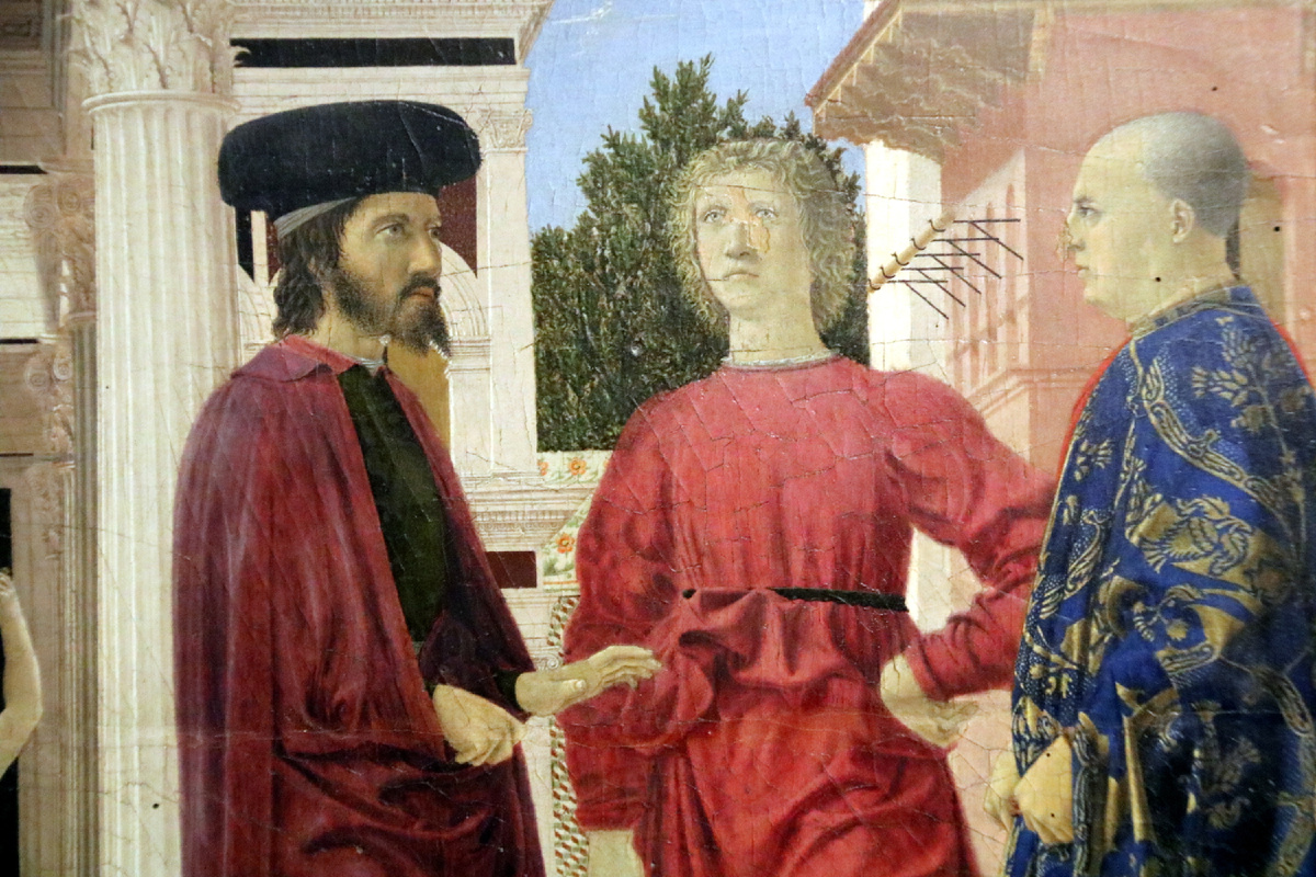 Пьеро делла Франческа, «Бичевание Христа», фрагмент. ок. 1455—1460 Дерево (панель из тополя), масло, темпера. 58.4 × 81.5 см Национальная галерея Марке, Урбино, Италия. 