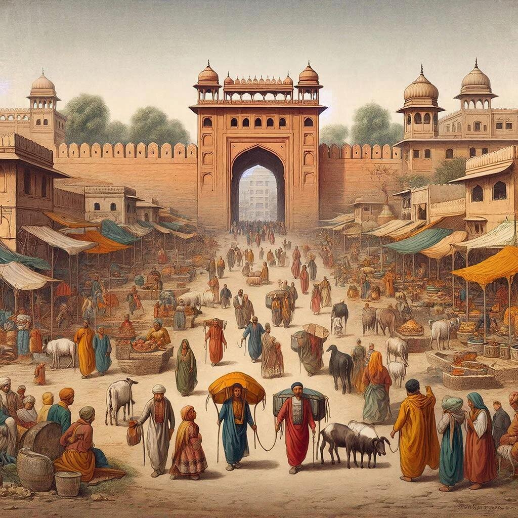 Средневековый индийский город Ахмадабад, вид на городские стены и ворота.