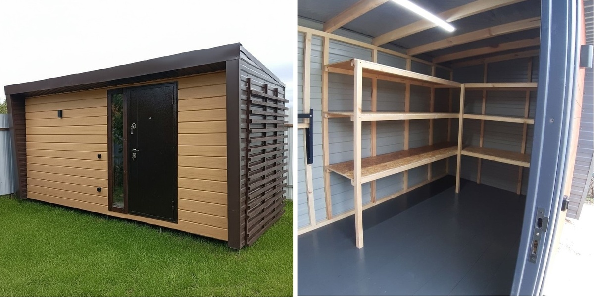 Слева: наш хозблок с обшивкой из профлиста и стального сайдинга. Справа: вид внутри в простейшей комплектации (деревянный каркас + обшивка из профлиста снаружи).