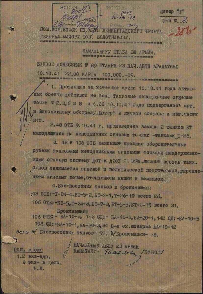 Сводка по 23-й армии на 10.10.41