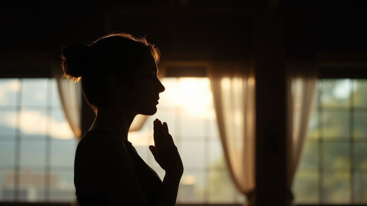 Силуэт человека, выполняющего дыхательное упражнение на фоне природы или спокойного интерьера.