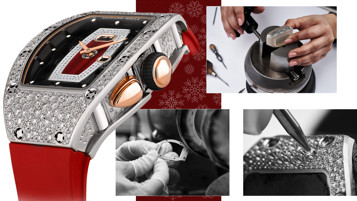 В модели RM 037 из белого золота бриллиантовая инкрустация покрывает безел и циферблат