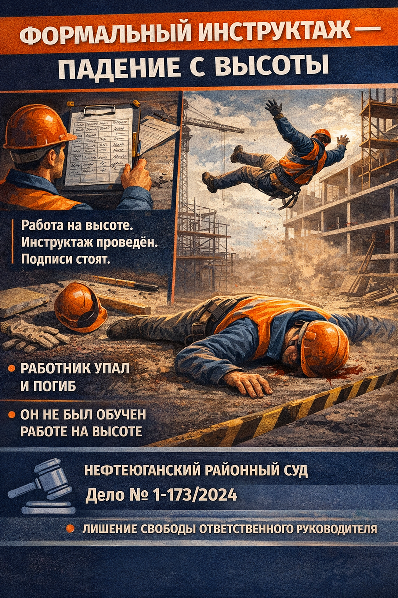 
Нефтеюганский районный суд Ханты-Мансийского автономного округа — Югры
Дело № 1-173/2024 от 18 июля 2024 года

1.	Обстоятельства происшествия
Работник выполнял работы по монтажу конструкций на высоте.

Характер работ:
- работа на строительном объекте
- выполнение задач на высоте
- необходимость применения страховочных систем

В процессе работы:
👉 работник находился на высоте
👉 потерял устойчивость
👉 упал с высоты

В результате:
👉 получил тяжёлые травмы
👉 скончался

2.	Что было с инструктажем

По документам у работодателя:
- инструктаж был проведён
- работник был допущен к работе

Но суд установил:
👉 инструктаж носил формальный характер
👉 работник не был обучен безопасным методам работы на высоте

3.	В чём конкретная проблема

Работник:
- не был обучен использованию страховочных систем
- не понимал риски работы на высоте
- был допущен к работам повышенной опасности без реальной подготовки

4.	 Кто был ответственным

Ответственным признано должностное лицо:
👉 мастер (руководитель работ)

Он:
- организовывал работы
- допускал работников
- отвечал за инструктаж и безопасность

5.	Позиция суда

Суд указал:
👉 наличие подписей в журнале
не означает, что работник реально обучен

И сделал ключевой вывод:

👉 формальный инструктаж находится в прямой причинно-следственной связи с падением и гибелью работника

Приговор
👉 ч. 2 ст. 143 УК РФ

Назначено:
👉 лишение свободы (условное)
👉 с дополнительными ограничениями
