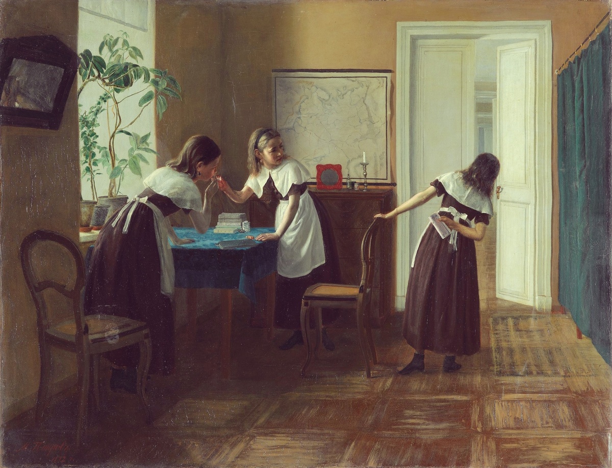 «Пансионерки» Михаил Петров, 1872 год. На картине скрывается целая вселенная: здесь есть свои «адоратрисы», «мовешки» и тайные языки, понятные только посвященным.