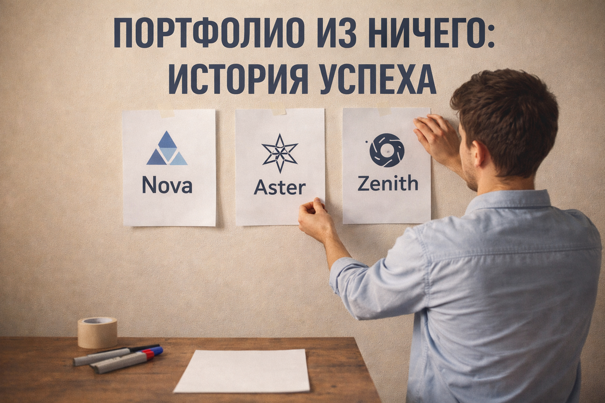 Человек приклеивает на стену листы с логотипами и названиями несуществующих компаний.