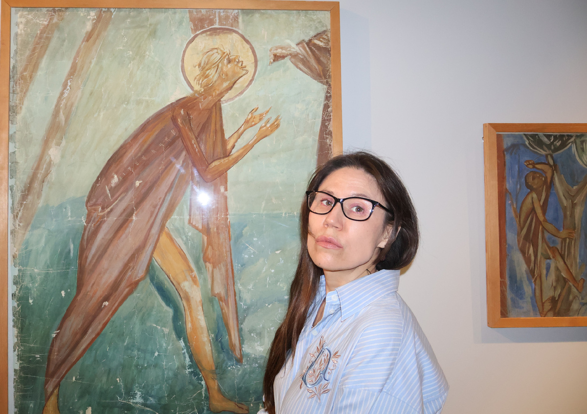 Довоенная копия росписи 1363 года церкви Успения Богородицы на Волотовом поле (Великий Новгород) – «Прп. Мария Египетская. Деталь композиции «Причащение прп. Марии Египетской прп. Зосимой» (1920 г. Бумага, темпера). Автор копии А.А. Громов (1886-1956)