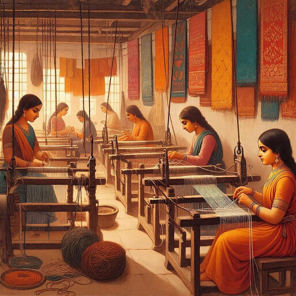 Внутренность ткацкой мастерской в средневековой Индии