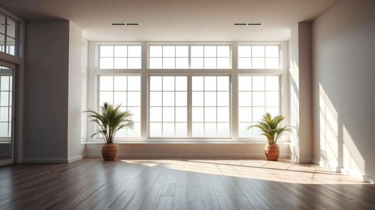 Светлая, хорошо освещённая комната с минималистичным интерьером и большими окнами.