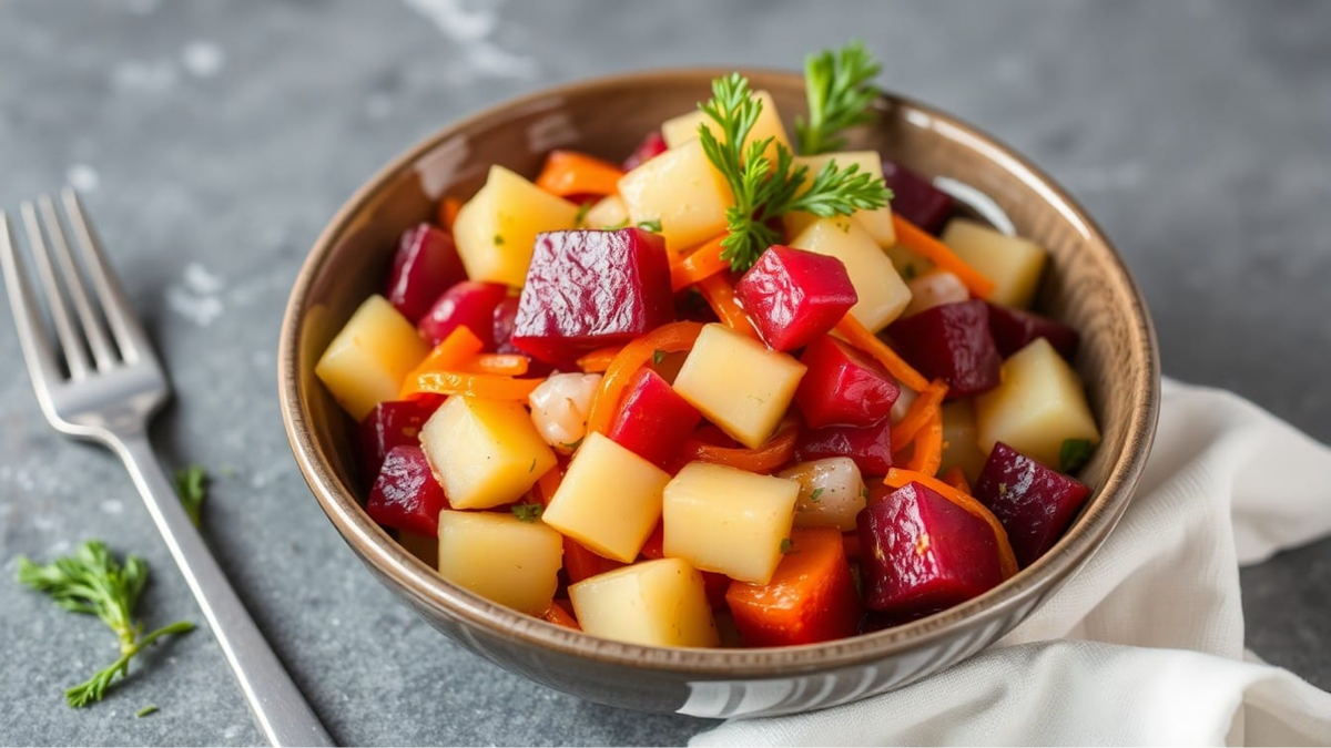 Салат из свеклы, моркови и картошки — это три короля советского стола: не скучно, а гениально