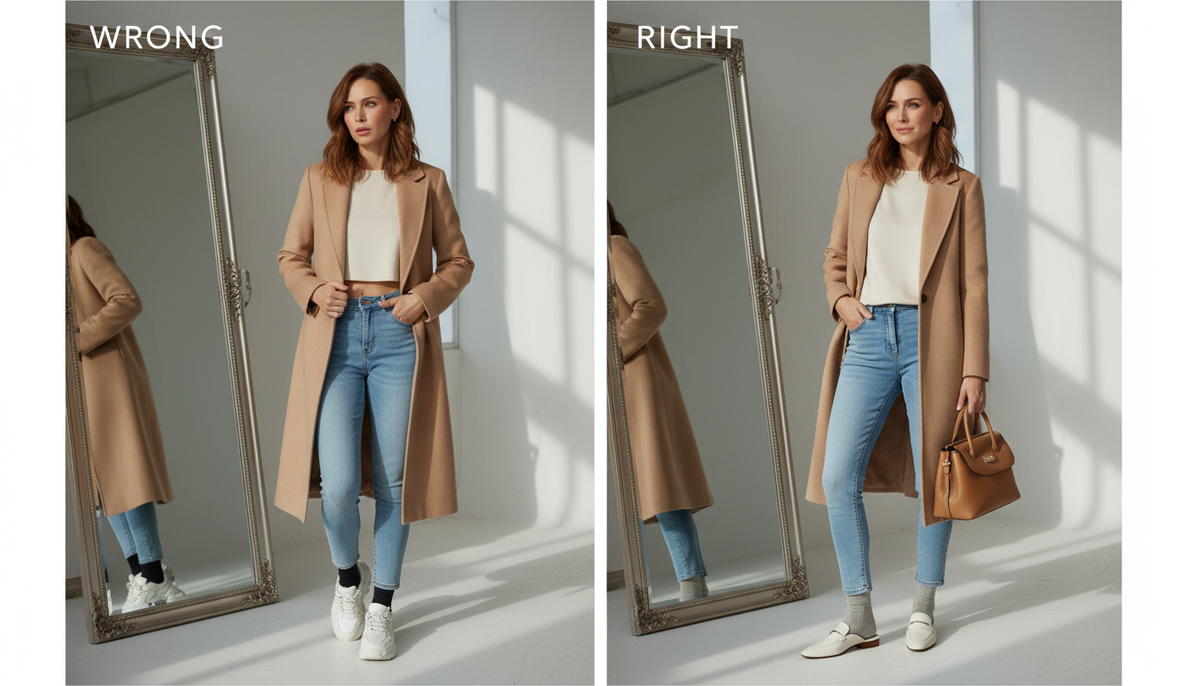 До/после: женщина 40+ в скинни у зеркала — тяжёлые кроссовки укорачивают ноги, облегчённая обувь и длина вытягивают силуэт