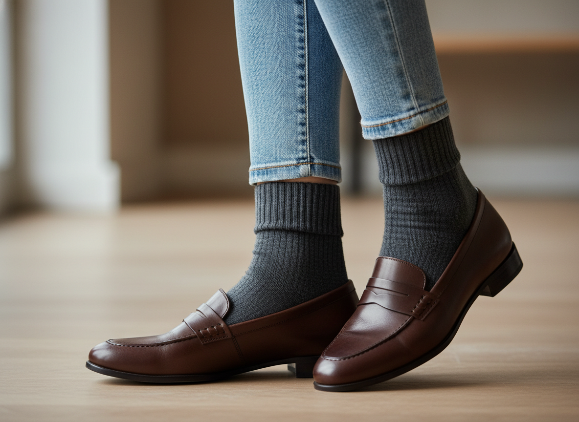 Крупный план: контрастный тёмный носок перерезает щиколотку с узкими джинсами и визуально укорачивает ноги